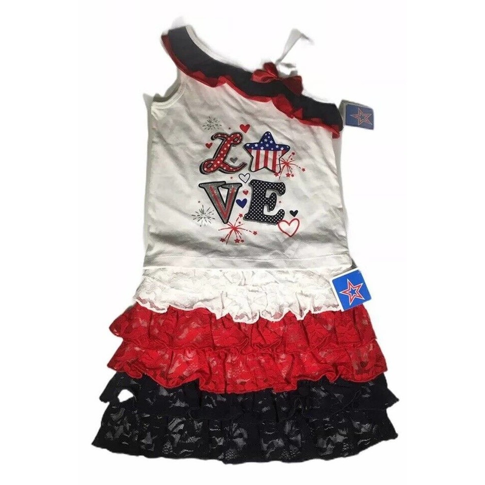 Toddler Girls 2 Piece Americana Patriotic Summer Tank and Lace Tutu Skirt Outfit